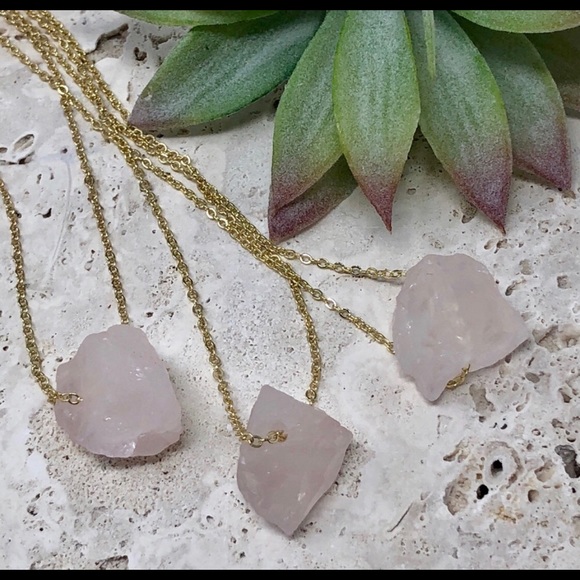 ONLY 2 LEFT! Raw Rose Quartz 14k Gold Necklace - Picture 3 of 5